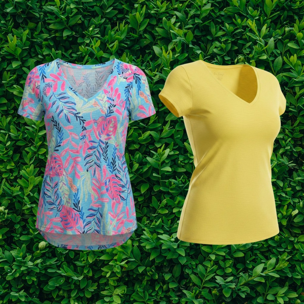 Lilly Pulitzer Lot 2 Etta V-Neck T-Shirt Bundle Tropical Leaf & Yellow XS